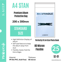 A4 Standard 200x300mm Premium Kpop Album Protective Bag | 80 Micron Flexible Thickness, Superior Clarity, PP Material + 40 Free Corner Tabs