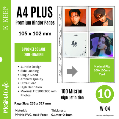 K-KEEP [A4 PLUS] -  6 Pocket (Square)- 105x102 mm - 11 Holes Premium Binder Pages, 100 Micron Thick, High Definition (Pack of 10) - (W-04)