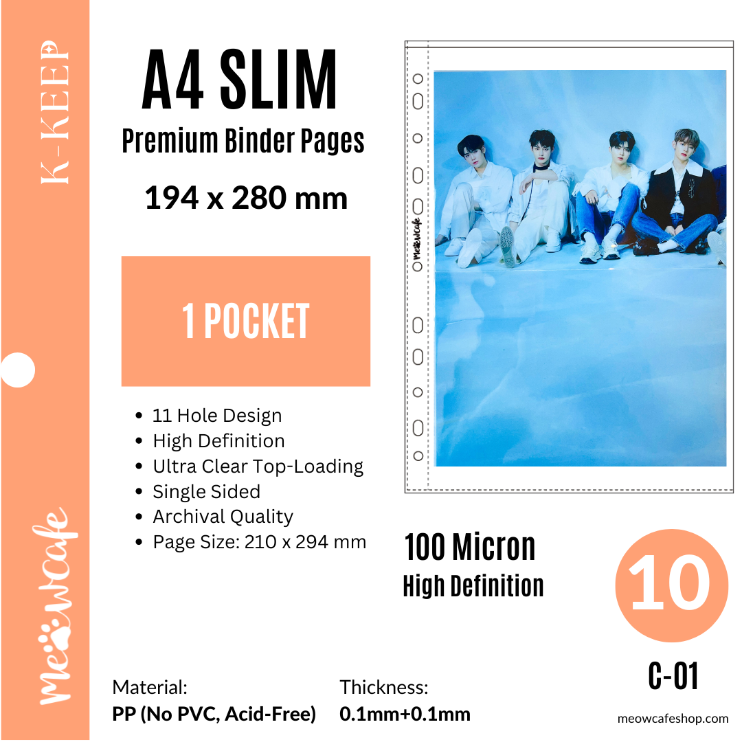 K-KEEP [A4 Slim] - Custom Inclusion Page - 1 Pocket (194 x 260mm)- Premium Single Sided Top-loading Pages Generic Fit into Both A4 3/4 Ring Binder (Pack of 10)(C-01)