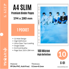 K-KEEP [A4 Slim] - Custom Inclusion Page - 1 Pocket (194 x 260mm)- Premium Single Sided Top-loading Pages Generic Fit into Both A4 3/4 Ring Binder (Pack of 10)(C-01)