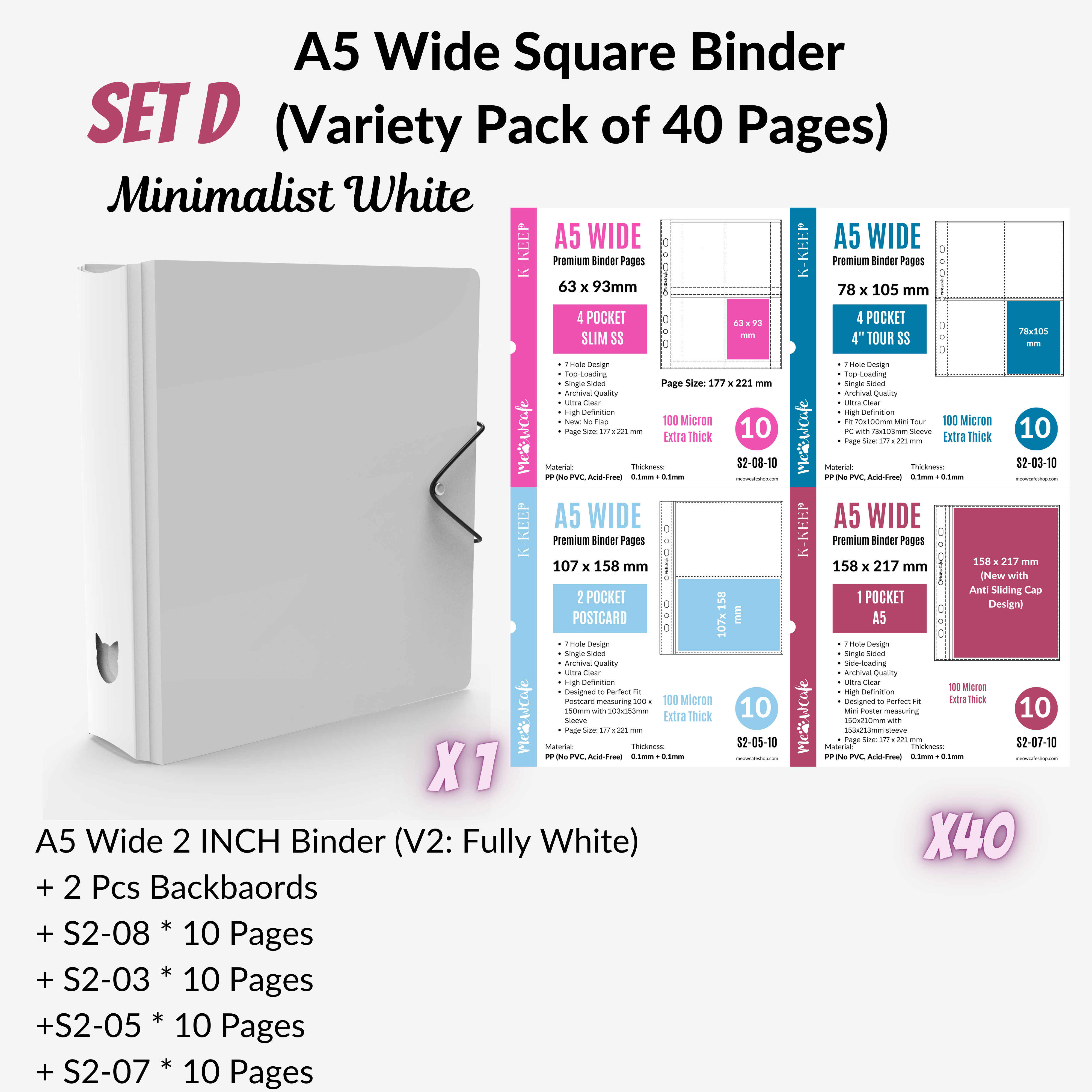 K-KEEP [A5 Wide]  Square Binder [V2 With Cat Button] - [2 inch] - [Minimalist Series]  - The Most Comprehensive and Largest A5 Binder Specially Designed for Kpop Collector