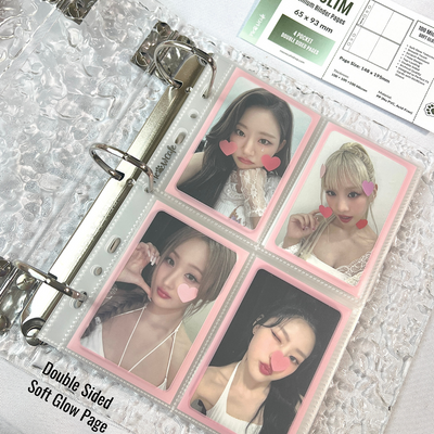 [Soft Glow Series] K-KEEP [Double Sided] [A5 Slim] 4 Pocket - 65x93mm Double-Sided 7 Holes Premium Binder Pages, Double Sleeve Perfect Fit, 100 Micron Thick (Pack of 10) G-11