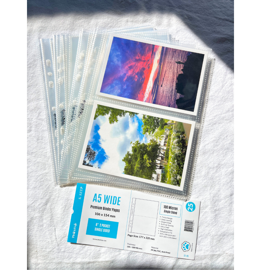 K-KEEP [A5 Wide] - 2 Pocket Postcard, 7 Holes Premium Binder Pages, 100 Micron Thick, High Definition (Pack of 25) - S2-05