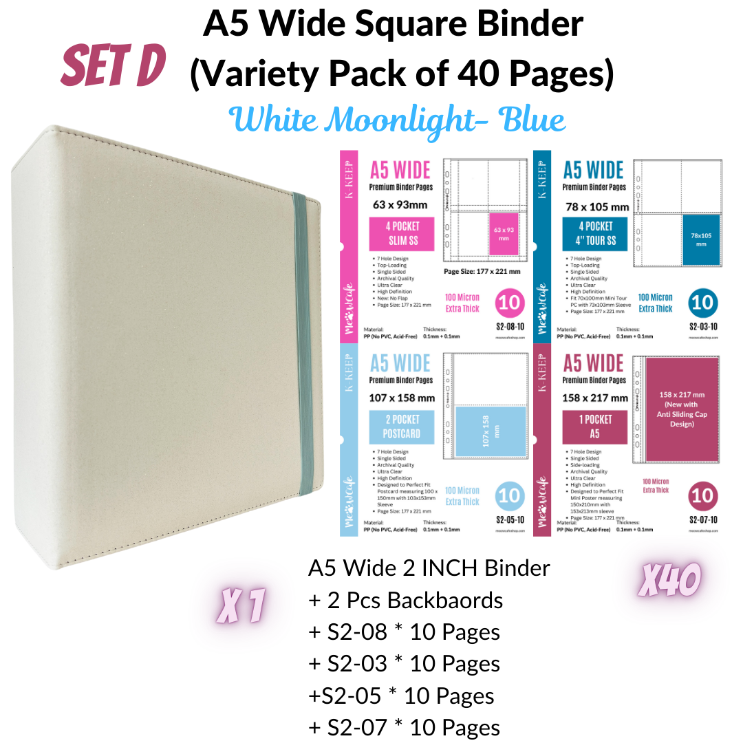 K-KEEP [A5 Wide] Binder [White Moonlight Series] - 2 Inch "Doubled" Binder With Strap - Large Capacity Binder for Collector Seeking Expanding the Collection