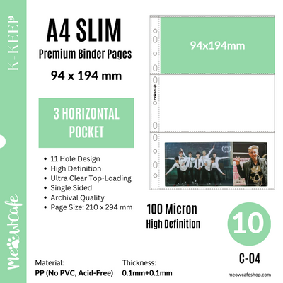 K-KEEP [A4 Slim] - Custom Inclusion Page - 3 Horizontal Pocket (94 x 194mm)- Premium Single-Sided Top-loading Pages (Pack of 10)(C-04)