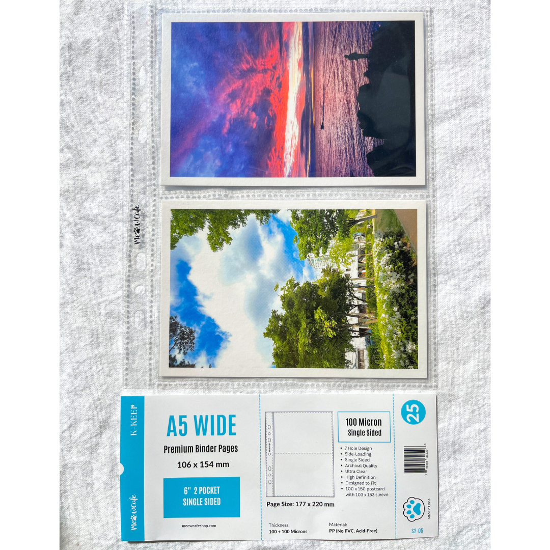 [B Grade] K-KEEP [A5 Wide] - 2 Pocket Postcard, 7 Holes Premium Binder Pages, 100 Micron Thick, High Definition (Pack of 25) - S2-05