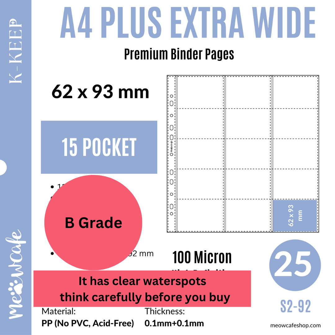 [B Grade With Water Spots in the Page] K-KEEP [A4 PLUS Extra Wide] - 15 Pocket (62x93mm) - 11 Holes Premium Binder Pages, 100 Micron Thick, High Definition (Pack of 25) - (S2-92))