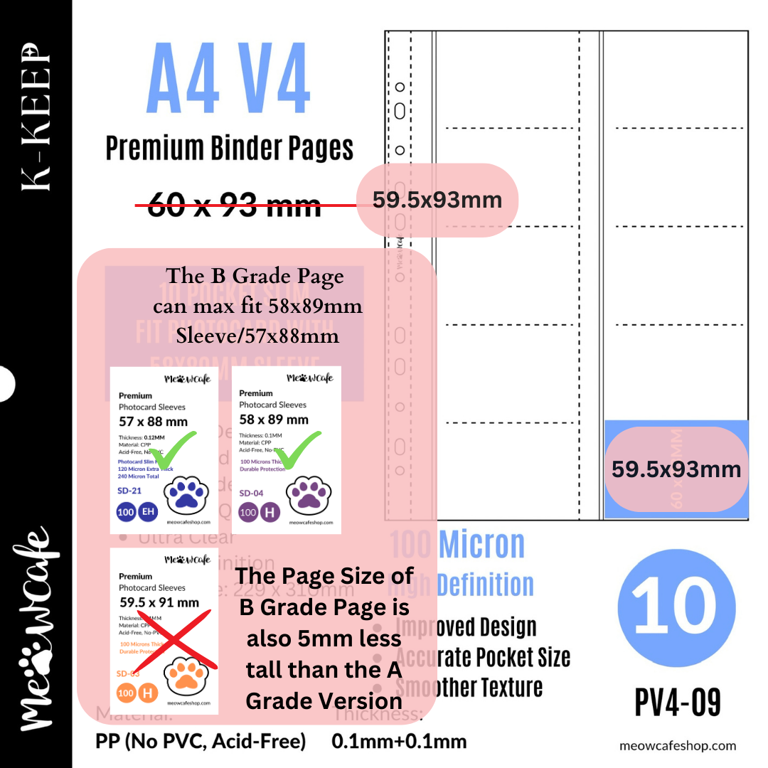 [B Grade] [Only Fit 58x89mm/57x88mm Sleeve, Does not fit 59.5x91mm Sleeve] K-KEEP [A4 V4] -  10 Pocket Slim (60x93mm) - 11 Holes Premium Binder Pages, 100 Micron Thick, High Definition (Pack of 10) - (B-Grade-PV4-09)