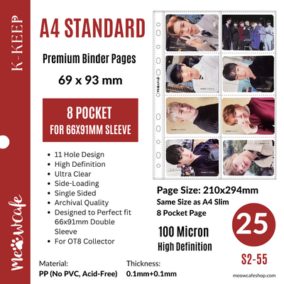 K-KEEP [A4 Standard] - Improved 8 Pocket (69x93mm)- 11 Holes Premium Binder Pages, 100 Micron Thick, High Definition (Pack of 25) - (S2-55) (Same size as A4 Slim 7/8/9 Pocket and Inclusion page)