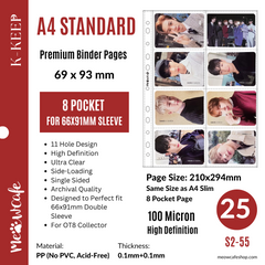 (Coming on Jan 25th) K-KEEP [A4 Standard] - Improved 8 Pocket (69x93mm)- 11 Holes Premium Binder Pages, 100 Micron Thick, High Definition (Pack of 25) - (S2-55) (Same size as A4 Slim 7/8/9 Pocket and Inclusion page)