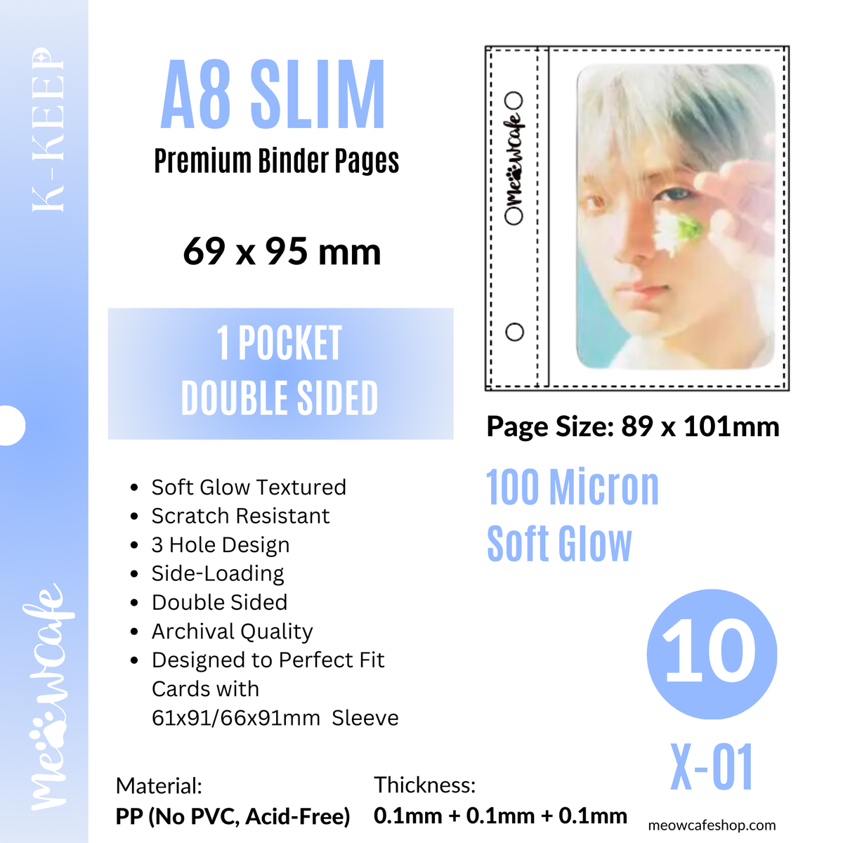 [Soft Glow Series] K-KEEP [A8 Slim] 1 Pocket - 69x95mm Double-Sided 3 Holes Premium Binder Pages, 100 Micron Thick (Pack of 10)