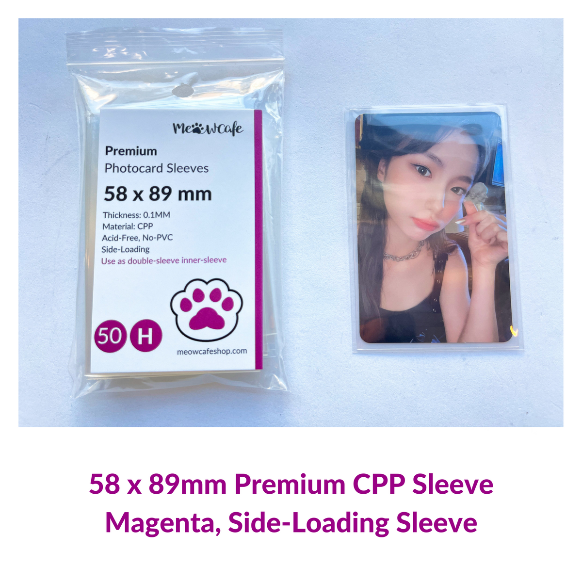 [58x89MM Magenta] Meowcafe Premium CPP Card Sleeve Side-Loading Sleeve for Efficient Double Sleeve Experience
