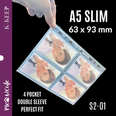 K-KEEP [A5 Slim] 4 Pocket - 63x93mm Single-Sided 7 Holes Premium Binder Pages, Double Sleeve Perfect Fit, 100 Micron Thick, High Definition (Pack of 25) S2-01