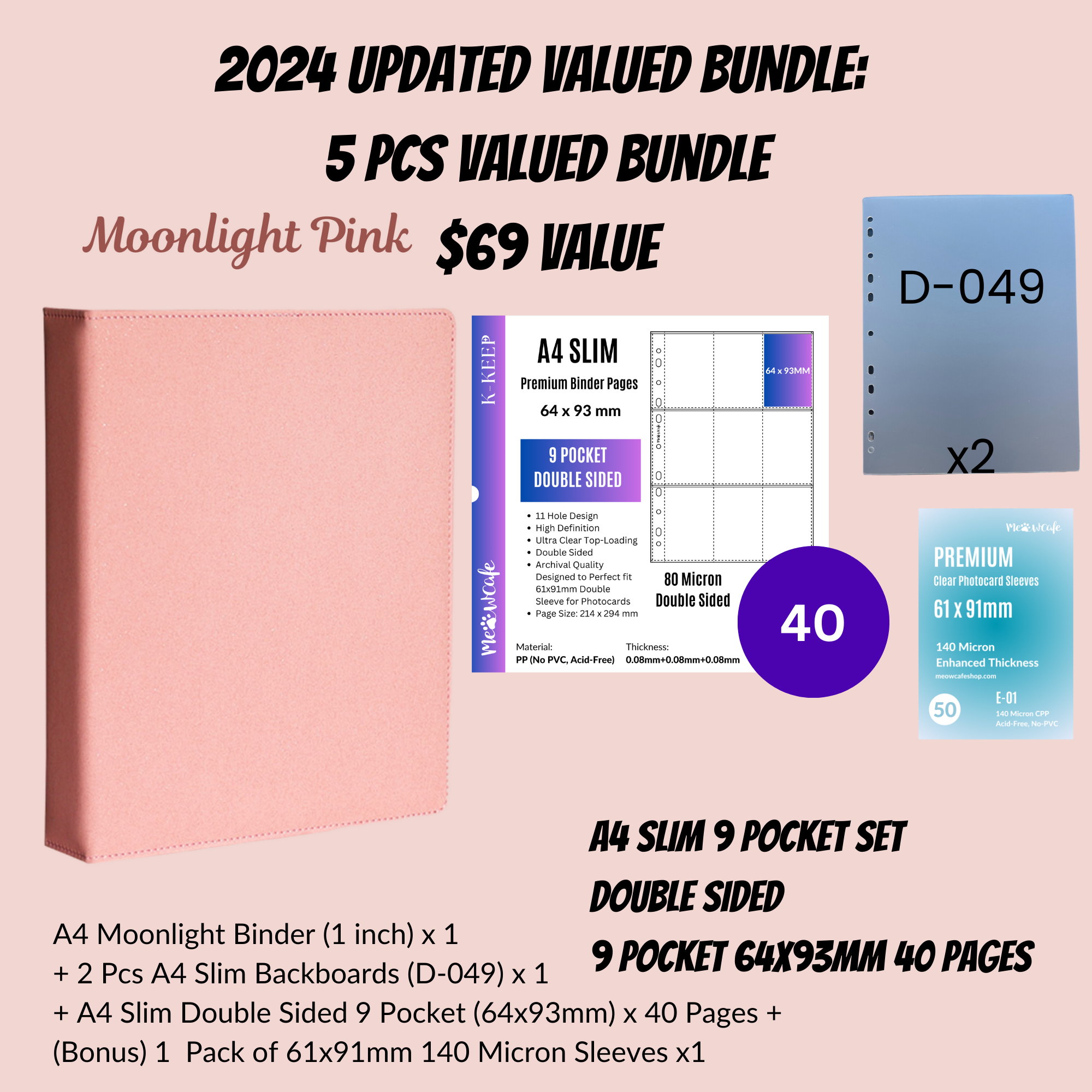 [2024 Updated Valued Bundle] K-KEEP [A4 Standard] Binder - [Moonlight Series] - Elegant PU Leather Kpop Photocard Binder - [Improved 1 Inch D-Ring]