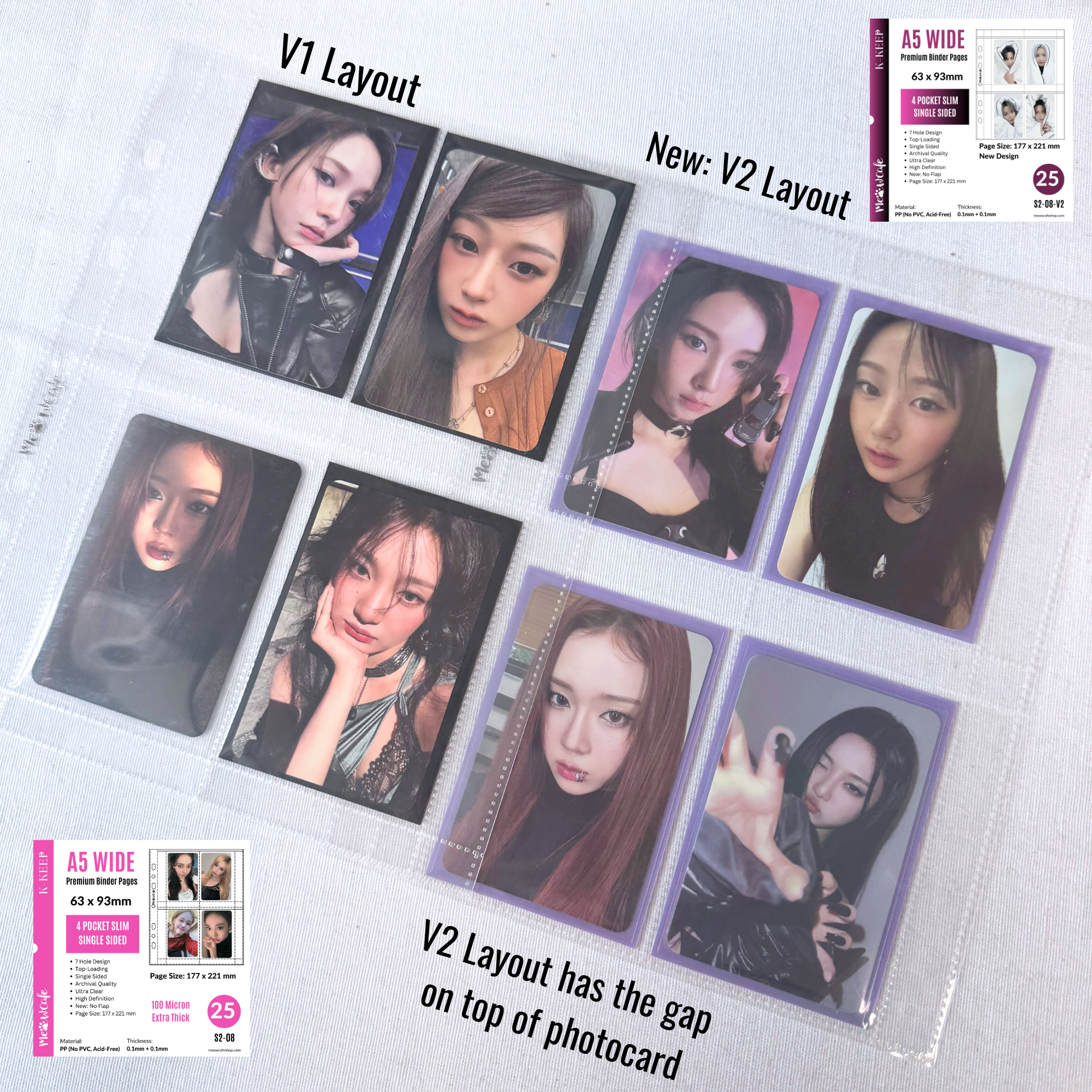 [New Layout] K-KEEP [A5 Wide] -  4 Pocket Slim (63x93mm)- 7 Holes Premium Binder Pages, 100 Micron Thick, High Definition