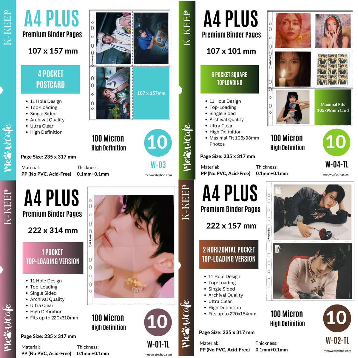 (New Valued Set) K-KEEP [A4 PLUS] - Variety Pack of 40 Inclusion Pages - 11 Holes Premium Binder Pages, 100 Micron Thick, High Definition with All Top-loading Page