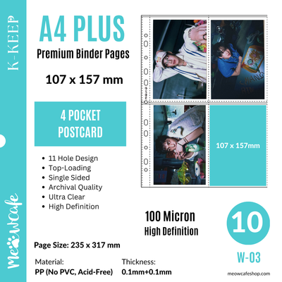 K-KEEP [A4 PLUS] -  4 Pocket (Postcard) - 107x157 mm- 11 Holes Premium Binder Pages, 100 Micron Thick, High Definition (Pack of 10) - (W-03)