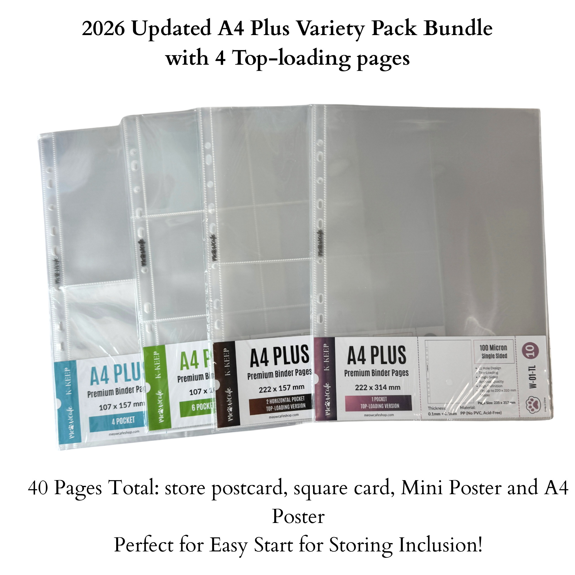 (New Valued Set) K-KEEP [A4 PLUS] - Variety Pack of 40 Inclusion Pages - 11 Holes Premium Binder Pages, 100 Micron Thick, High Definition with All Top-loading Page
