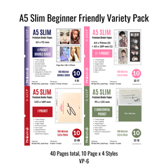 K-KEEP [A5 Slim] Variety Pack, Single-Sided 7 Holes Premium Binder Pages, 100 Micron Thick, High Definition Variety Pack of 40 Pages