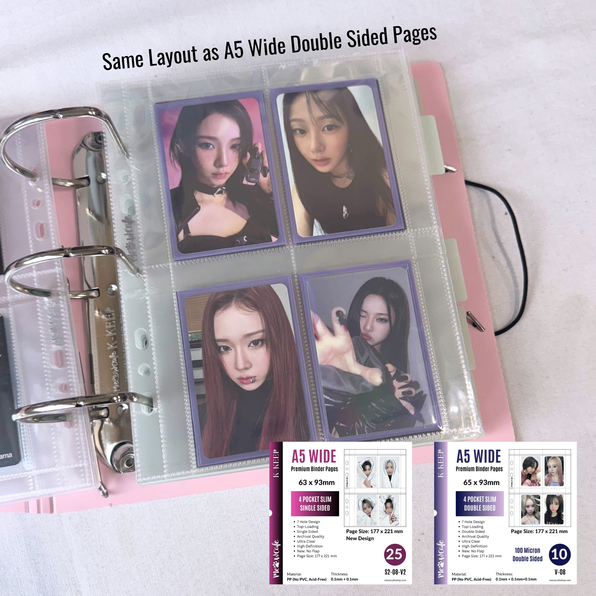 [New Layout] K-KEEP [A5 Wide] -  4 Pocket Slim (63x93mm)- 7 Holes Premium Binder Pages, 100 Micron Thick, High Definition