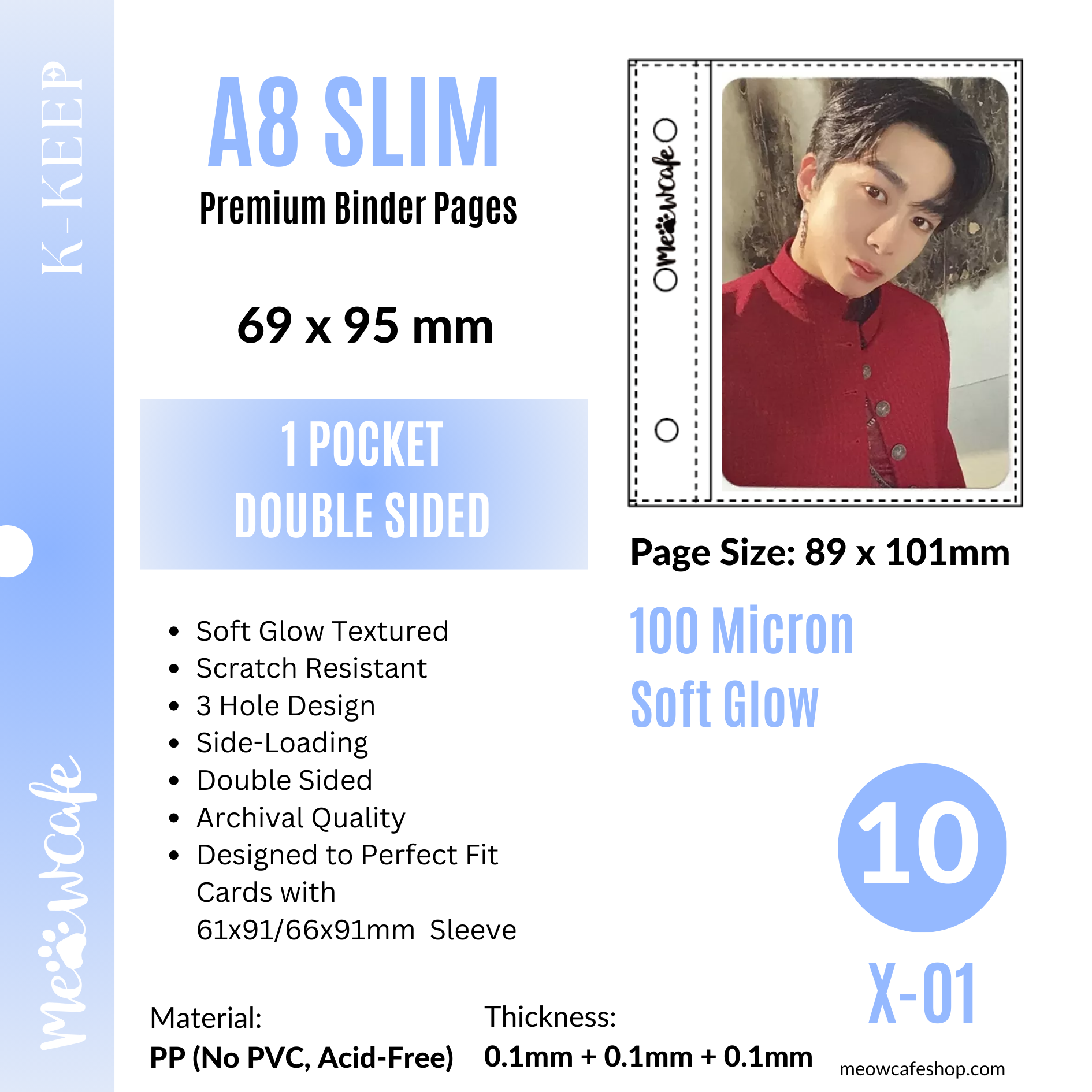 [Soft Glow Series] K-KEEP [A8 Slim] 1 Pocket - 69x95mm Double-Sided 3 Holes Premium Binder Pages, 100 Micron Thick (Pack of 10)