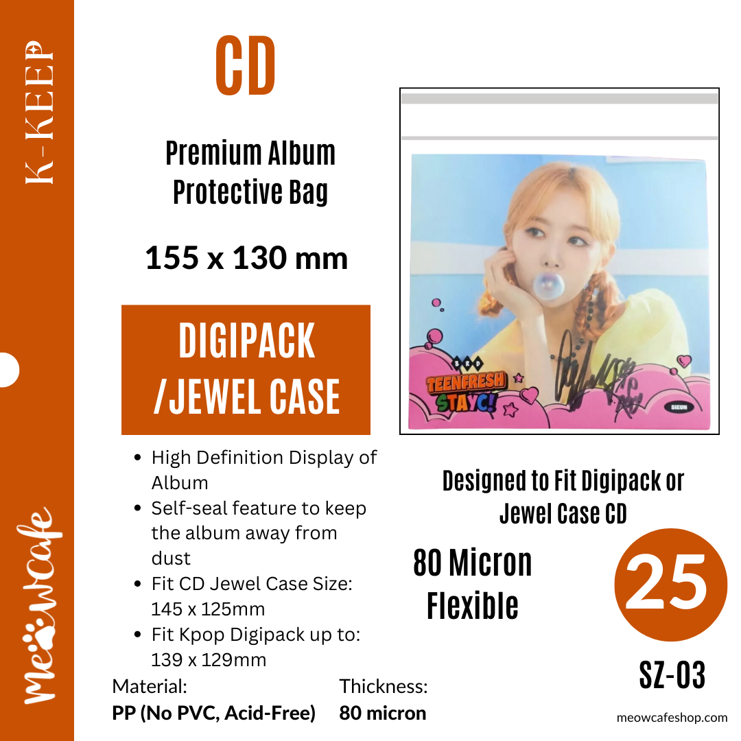 [155x130mm] [CD] Size Premium Kpop Album Protective Bag | 80 Micron Flexible Thickness, Superior Clarity, PP Material (Pack of 25) + 40 Free Corner Tabs