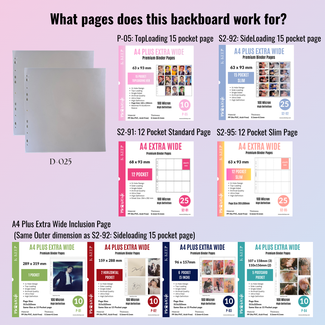 K-KEEP [Binder Backboard] - For OT13 Pearl Binder & A4 Plus Extra Wide Pages - Covers Top-Loading 15 Pocket (P-05) & Side-Loading Pages - 11 Holes, Protects Your Collectibles From Bending (2 Pcs Per Pack) - D-025