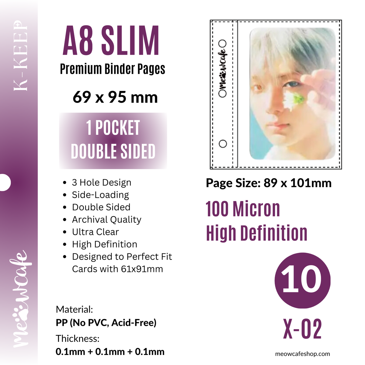 K-KEEP [A8 Slim] 1 Pocket - 69x95mm Double-Sided 3 Holes Premium Binder Pages,  100 Micron Thick, High Definition Glossy (Pack of 10)