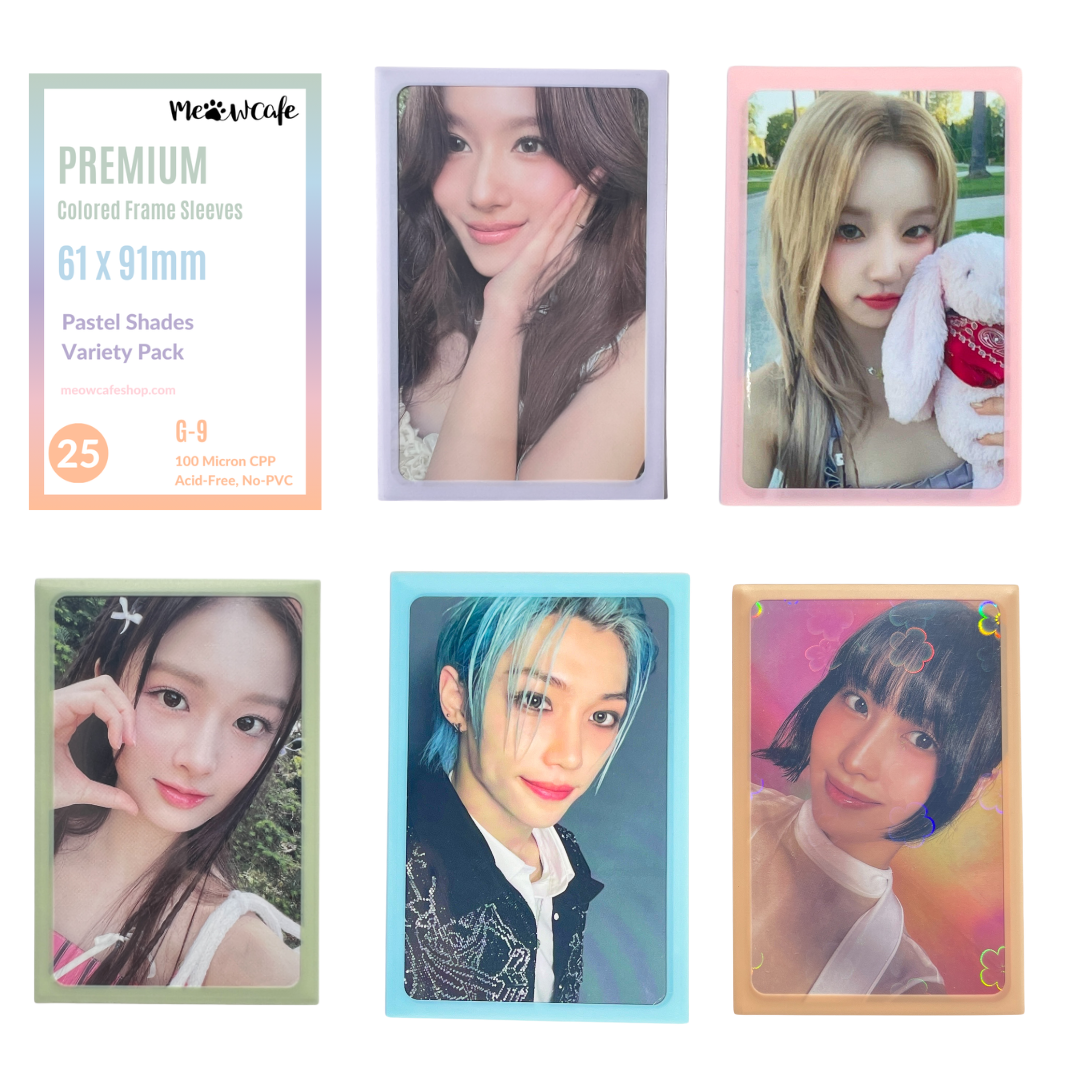 Meowcafe Premium [61x91 mm] Colored Frame Sleeves - Colored Frame Front + Clear Back For Special Visual Representation - Pastel Colors Variety Packs (Ice Green, Icy Pink, Icy Blue, Light Purple, Peach Fuzz)
