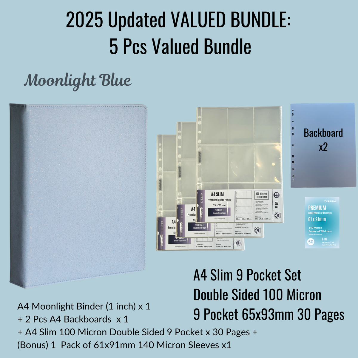[2025 Updated Valued Bundle] K-KEEP [A4 Standard] Binder - [Moonlight Series] - Elegant PU Leather Kpop Photocard Binder - [Improved 1 Inch D-Ring]
