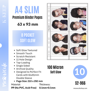 [Soft Glow Series] K-KEEP [A4 Slim] - 8 Pocket Slim (63x93mm)- 11 Holes Premium Binder Pages, 100 Micron Thick, For OT8 Sets (Pack of 10) - (S2-966)