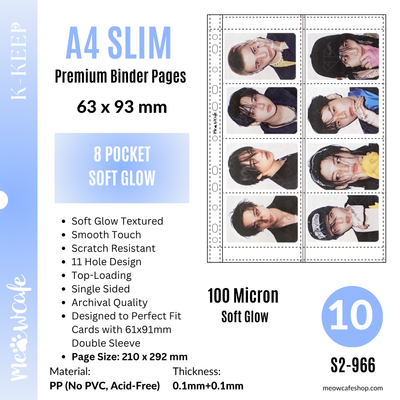 [Soft Glow Series] K-KEEP [A4 Slim] - 8 Pocket Slim (63x93mm)- 11 Holes Premium Binder Pages, 100 Micron Thick, For OT8 Sets (Pack of 10) - (S2-966)