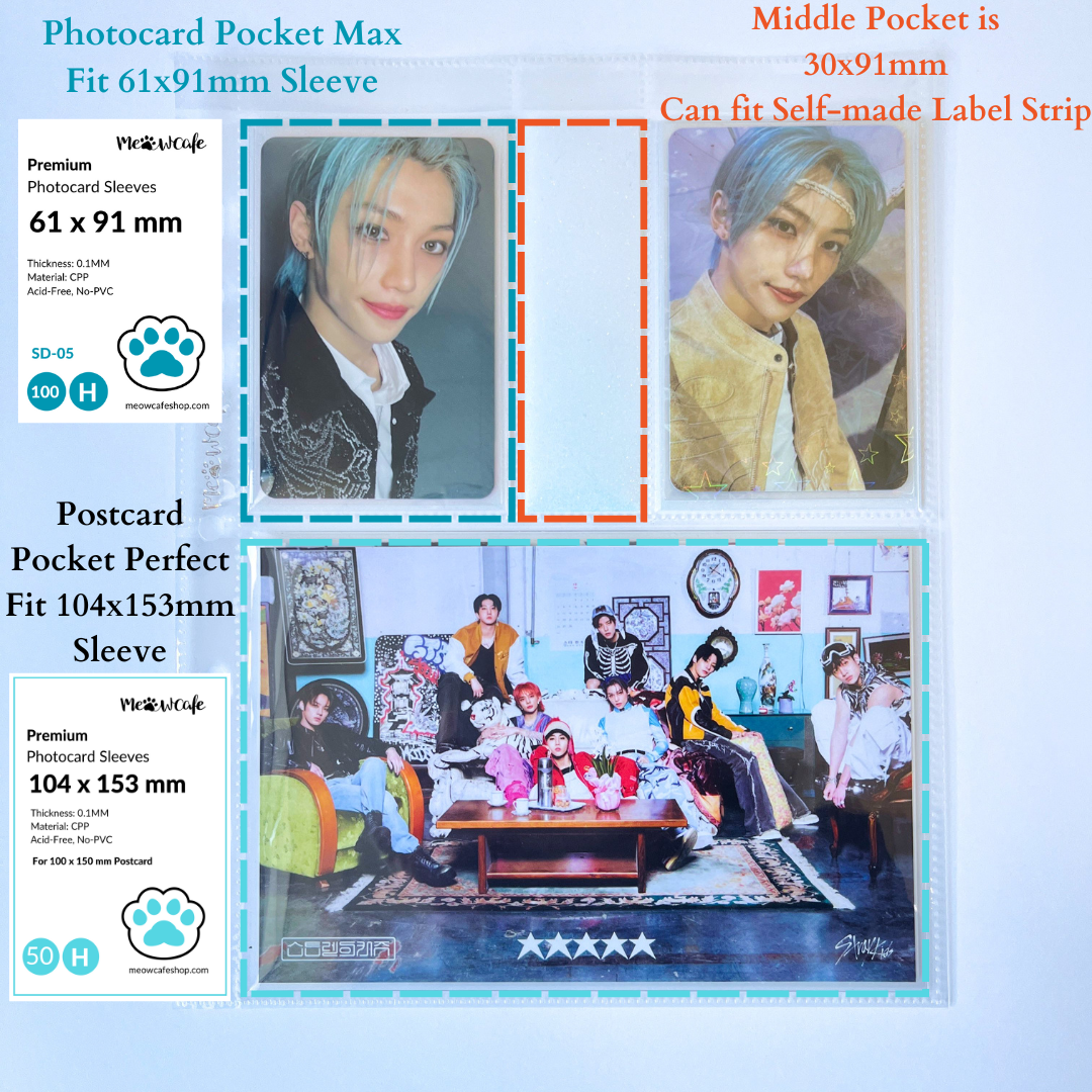 K-KEEP [A5 Wide] -  2 Photocard +1 Postcard: 2 Photocard Slim Pocket (63x93mm) + 1 Postcard Pocket (106x158mm)- 7 Holes Premium Binder Pages, 100 Micron Thick, High Definition (Pack of 10)