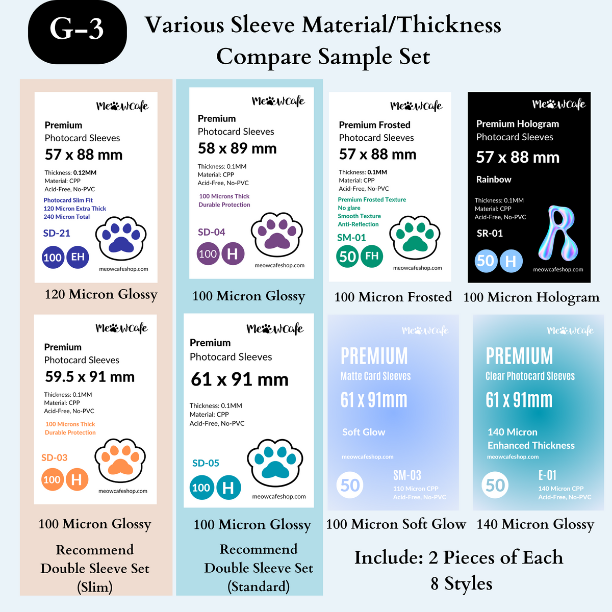 Various Material/Thickness/Size Comparison Sample Kit: 8 Sleeves in Different Thickness, Size, Material (Glossy, Frosted, Soft Glow, Hologram) G-3