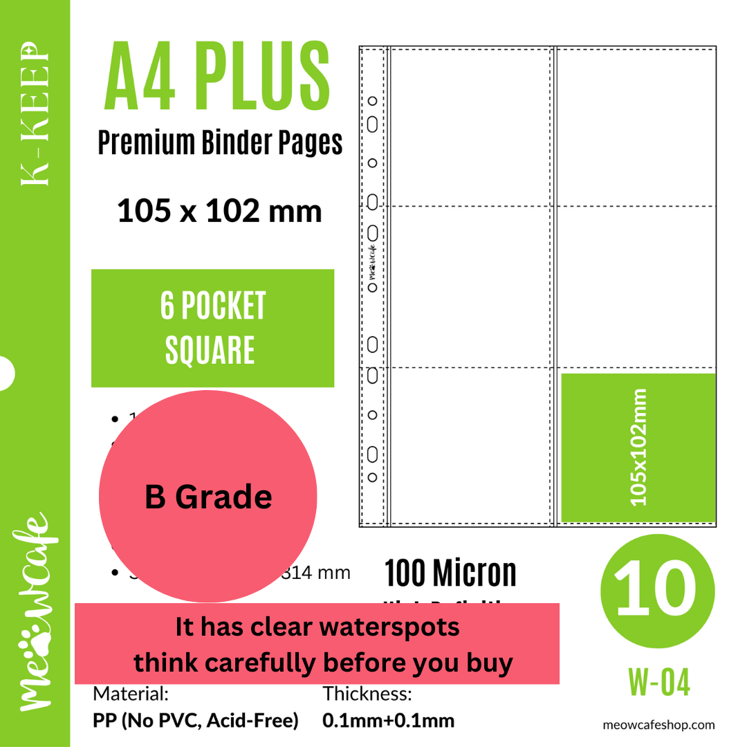 [B Grade with Water Spots] K-KEEP [A4 PLUS] -  6 Pocket (Square) - 11 Holes Premium Binder Pages, 100 Micron Thick, High Definition (Pack of 10) - (W-04)