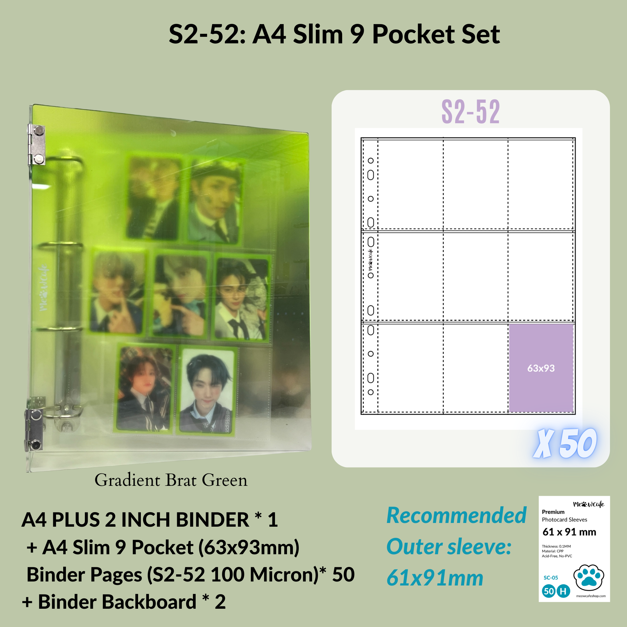 K-KEEP [A4 Plus] - [2 inch]  - Acrylic Binder Aesthetic Hardcover Binder D-Ring | Large Capacity Kpop Photocard Binder (Self-Assembly Required) - Gradient Brat Green