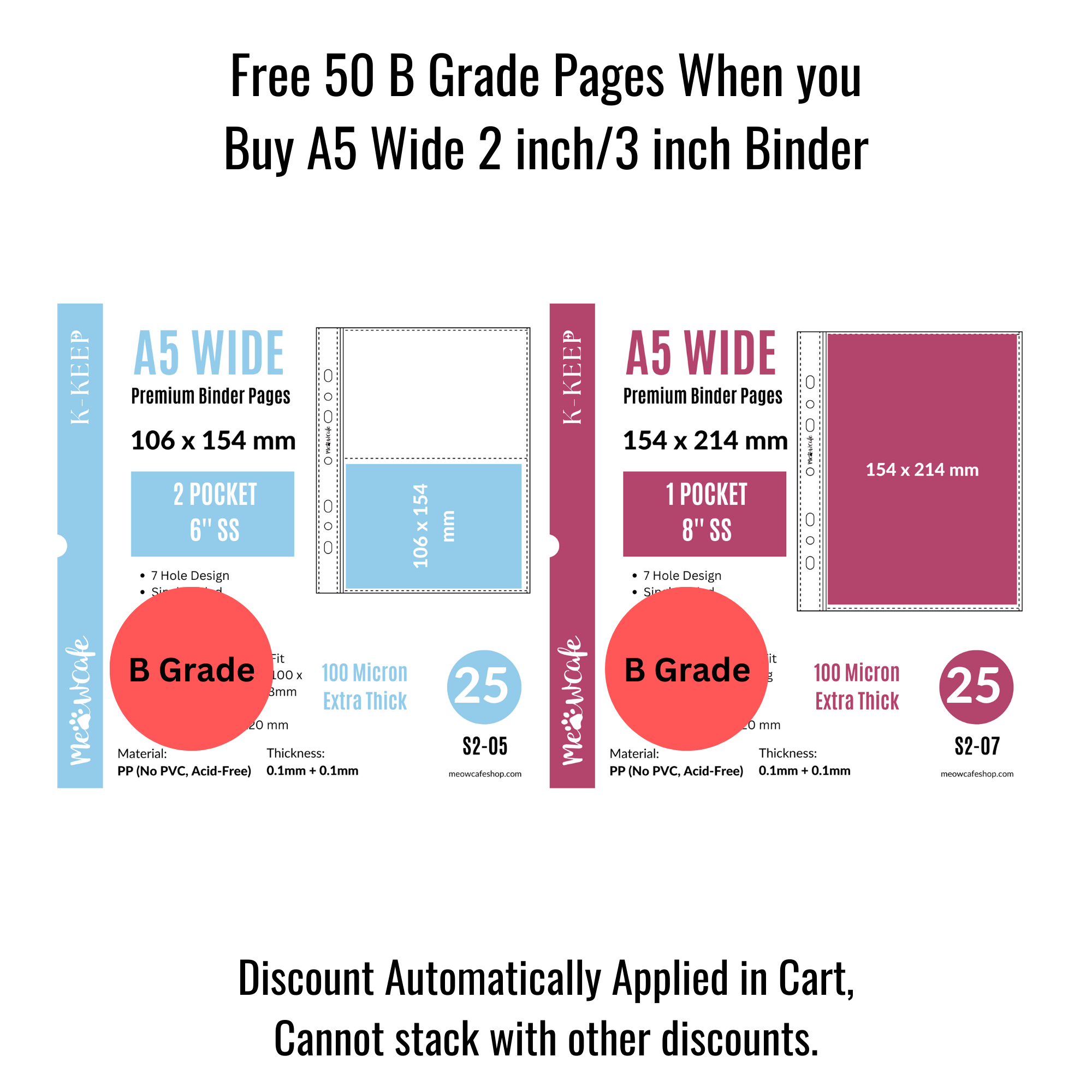 [B Grade] 50 A5 Pages, Free When you  Buy A5 Wide 2 inch/3 inch Binder