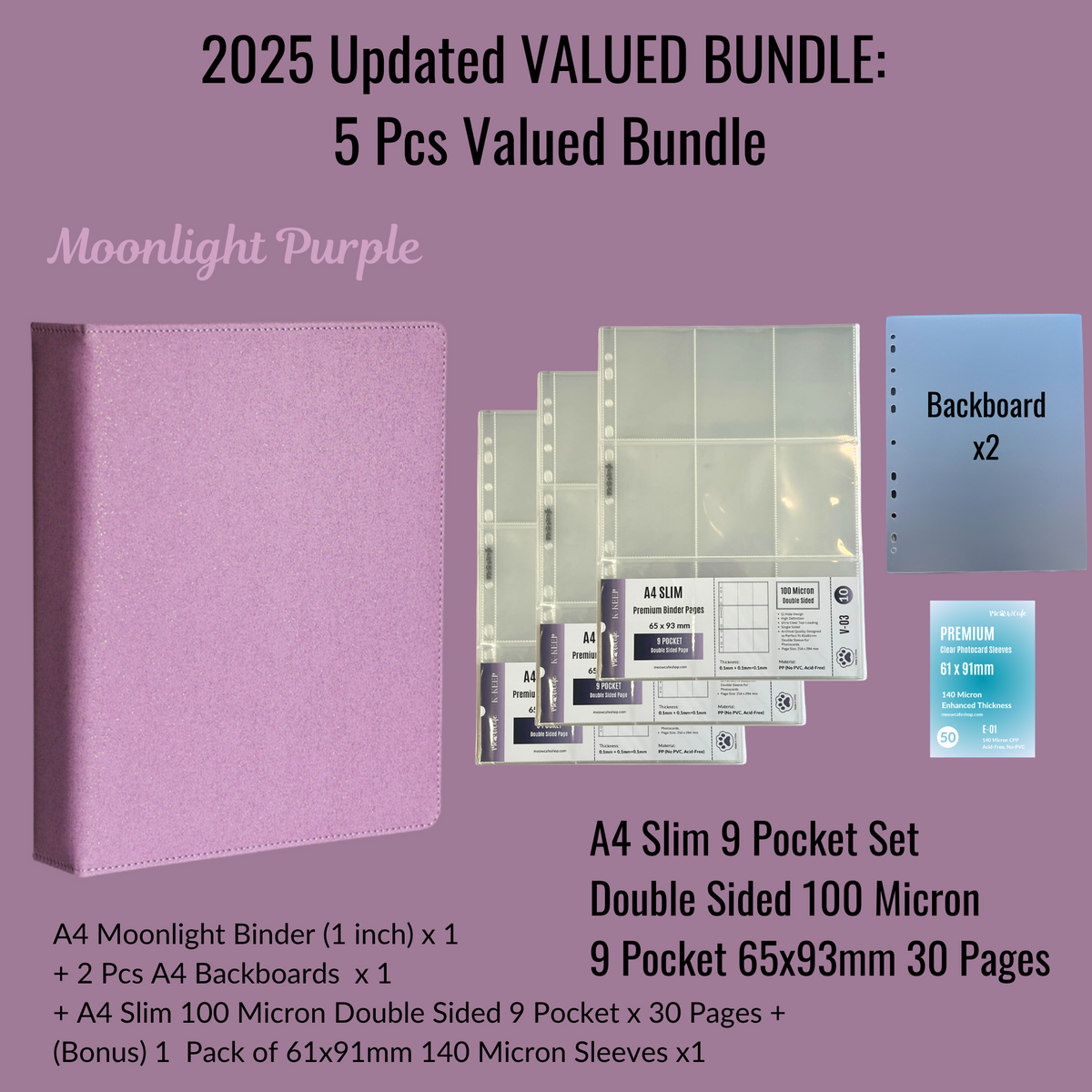 [2025 Updated Valued Bundle] K-KEEP [A4 Standard] Binder - [Moonlight Series] - Elegant PU Leather Kpop Photocard Binder - [Improved 1 Inch D-Ring]
