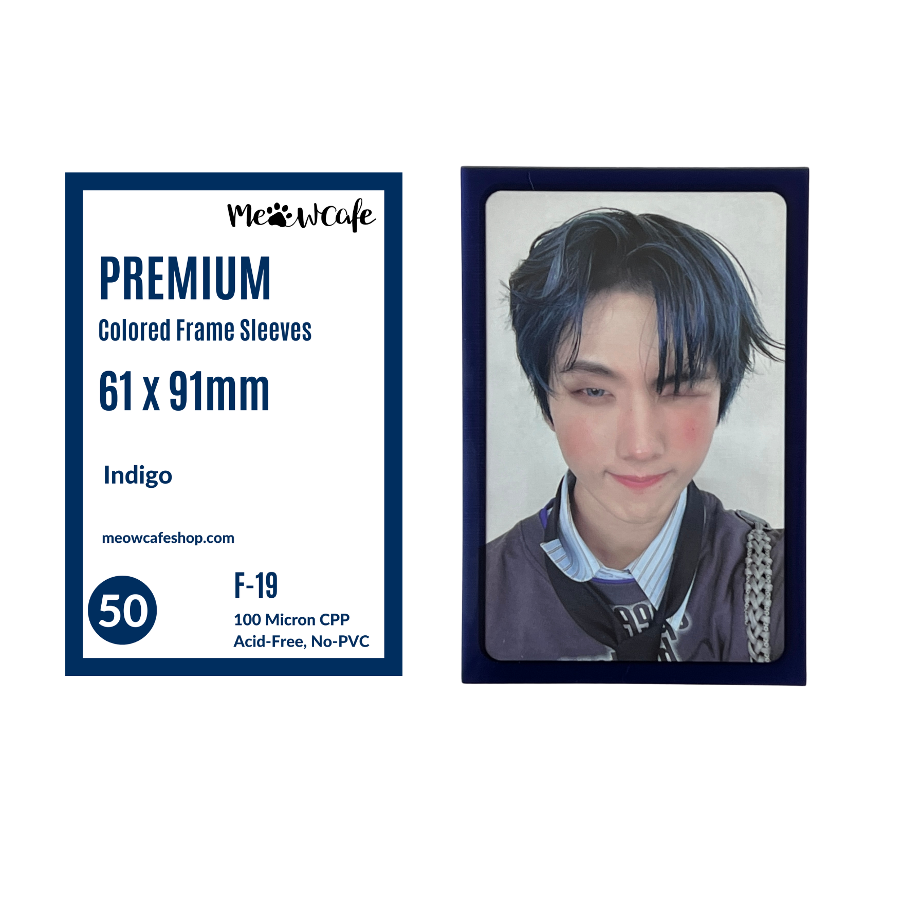 Meowcafe Premium [61x91 mm] Colored Frame Sleeves - Colored Frame Front + Clear Back For Special Visual Representation - Indigo