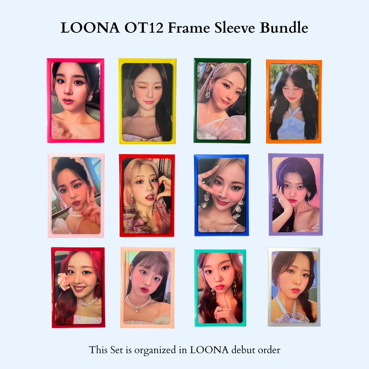 [PRE ORDER] [Ship on Sept 15th] Meowcafe Premium [61x91 mm] Colored Frame Sleeves - Colored Frame Front + Clear Back For Special Visual Representation - 12 Loona Colors Set of 600 Sleeves