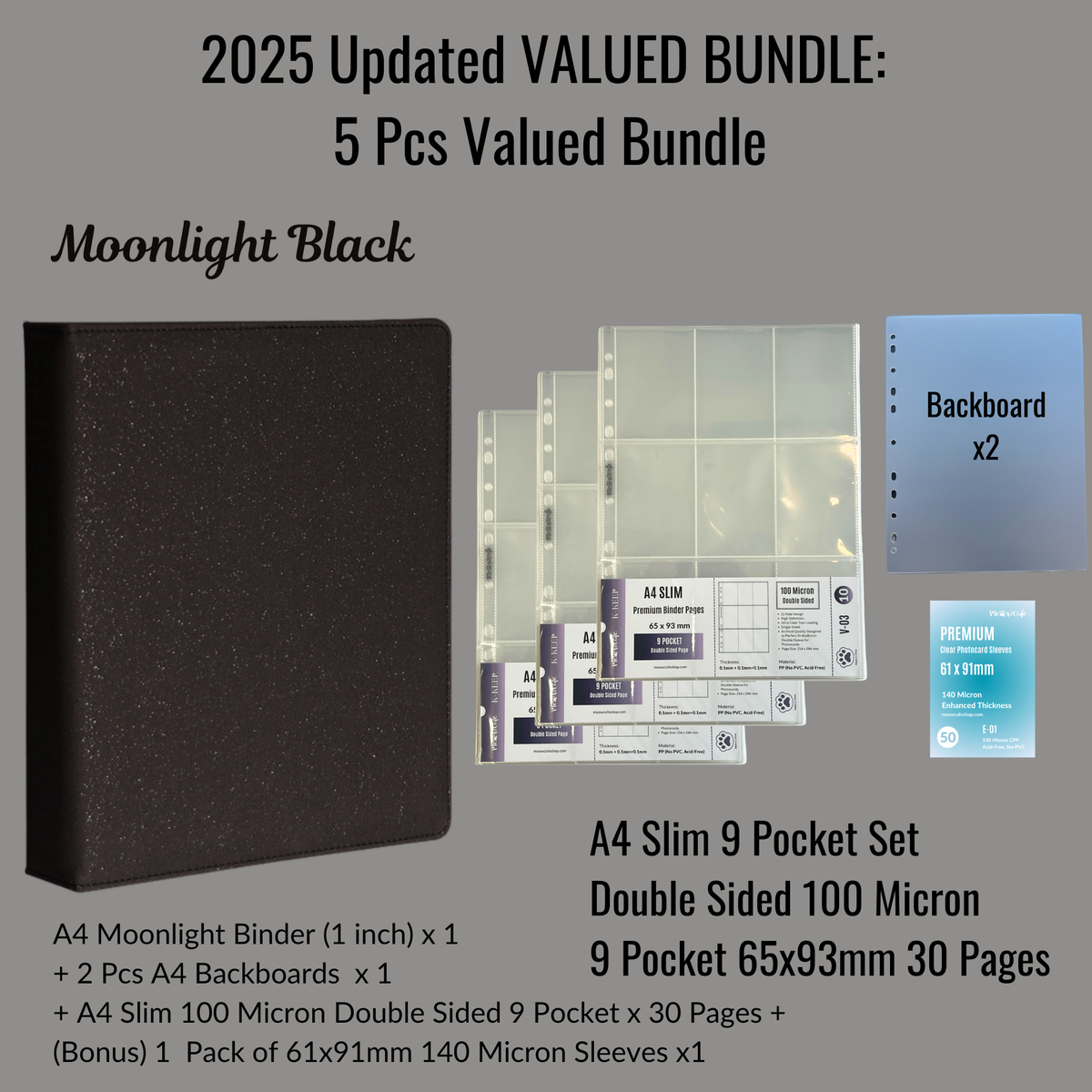 [2025 Updated Valued Bundle] K-KEEP [A4 Standard] Binder - [Moonlight Series] - Elegant PU Leather Kpop Photocard Binder - [Improved 1 Inch D-Ring]