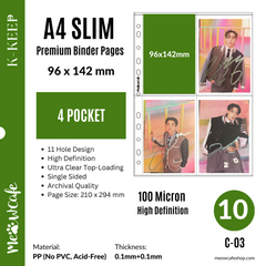 K-KEEP [A4 Slim] - Custom Inclusion Page - 4 Pocket (Kit Photocard Size) (96 x 142mm)- Premium Single-Sided Top-loading Pages (Pack of 10)(C-03)