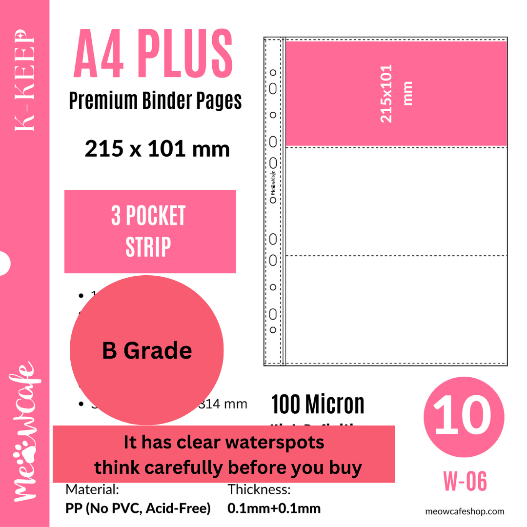 [B Grade] K-KEEP [A4 PLUS] -  3 Pocket (Horizontal Strip) - 11 Holes Premium Binder Pages, 100 Micron Thick, High Definition (Pack of 10) - (W-06)
