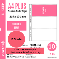 [B Grade] K-KEEP [A4 PLUS] -  3 Pocket (Horizontal Strip) - 11 Holes Premium Binder Pages, 100 Micron Thick, High Definition (Pack of 10) - (W-06)