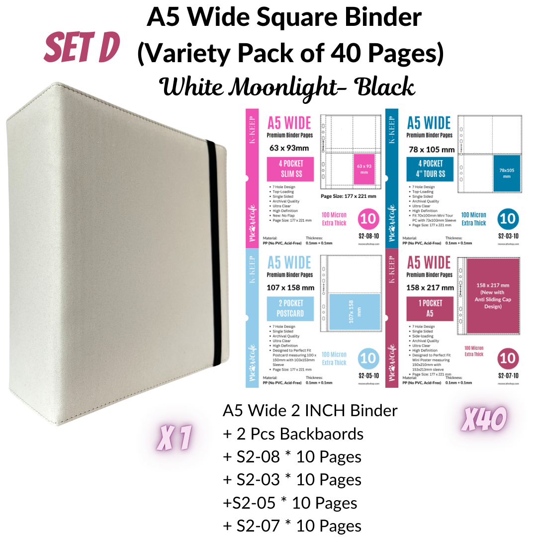 K-KEEP [A5 Wide] Binder [White Moonlight Series] - 2 Inch "Doubled" Binder With Strap - Large Capacity Binder for Collector Seeking Expanding the Collection