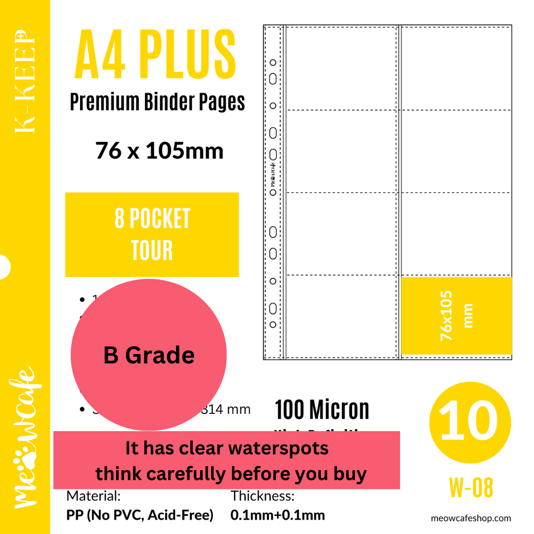 [B Grade With Water Spots In Page] K-KEEP [A4 PLUS] -  8 Pocket Tour - 11 Holes Premium Binder Pages, 100 Micron Thick, High Definition (Pack of 10) - (W-08)