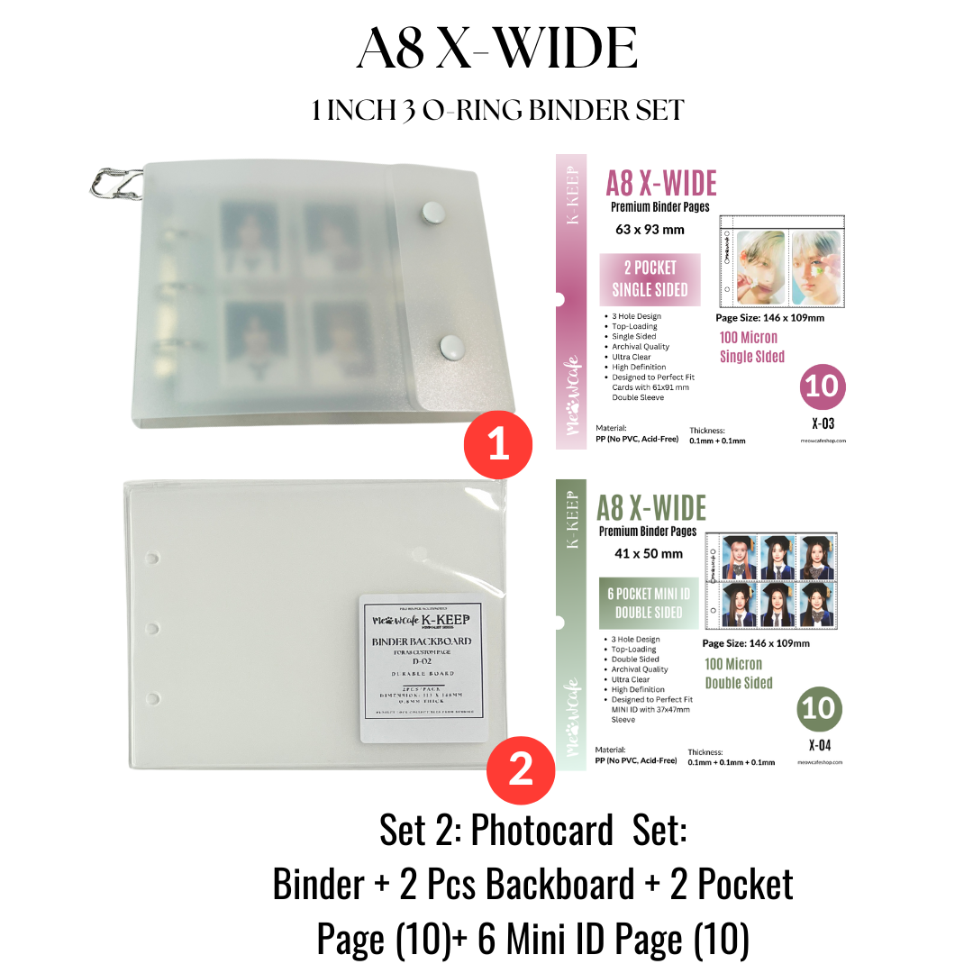 K-KEEP [A8 X-Wide] - [1 inch]  - Mini Frosted PP Button Binder + 2 Pocket Page Set (Binder+Backboard+20 Pages)
