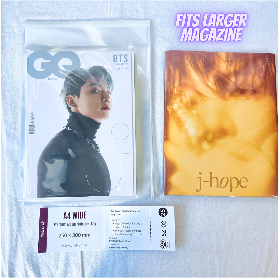 A4 Wide 250x300mm Premium Kpop Album Protective Bag | 80 Micron Flexible Thickness, Superior Clarity, PP Material (Pack of 25) + 40 Free Corner Tabs