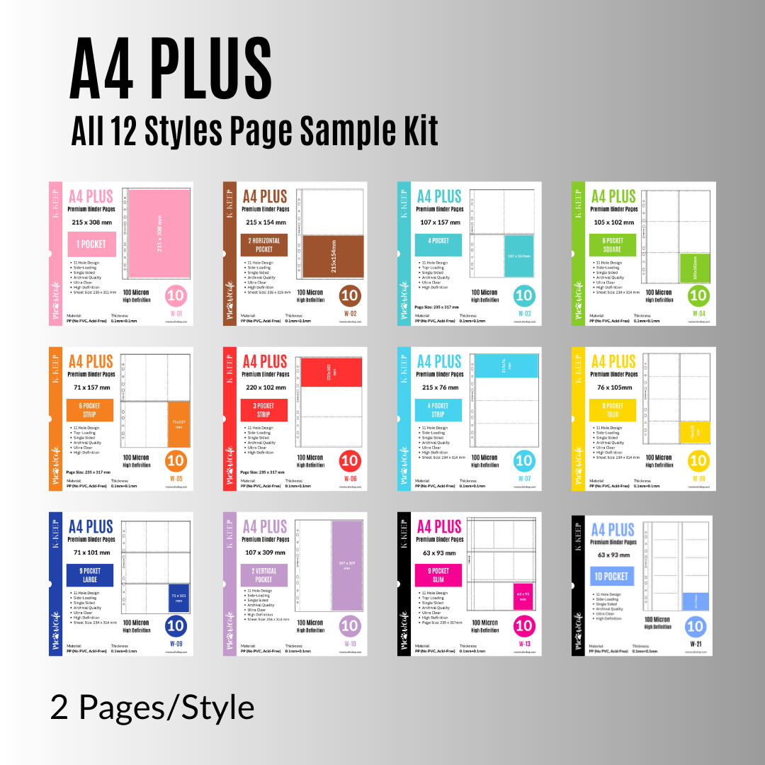 [Sample Set of All 12 Styles] K-KEEP [A4 PLUS] 11 Holes Premium Binder Pages, 100 Micron Thick, High Definition, 24 Pages Total