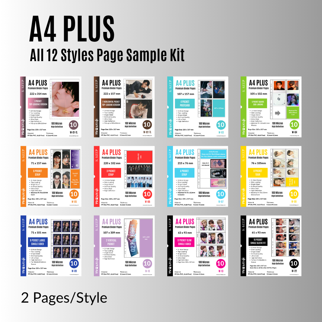 [Sample Set of All 12 Styles] K-KEEP [A4 PLUS] 11 Holes Premium Binder Pages, 100 Micron Thick, High Definition, 24 Pages Total